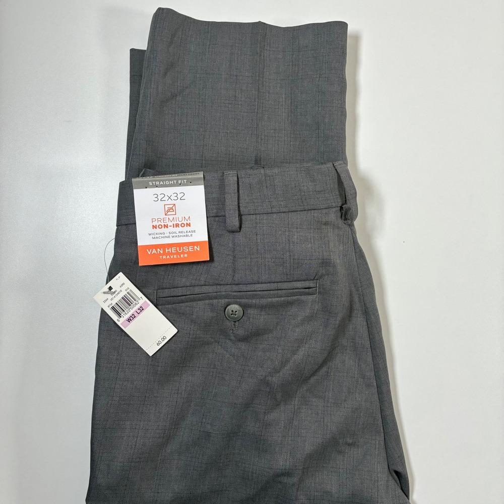 NEW Van Heusen Traveler Pants 32x32 Gray Straight Fit Non-Iron Trousers